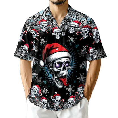 Netecom Skull Christmas Hawaiian Shirt for Men Women, Santa Hat Skeleton Button Down Summer Beach Short Sleeve Shirts, S-5XL