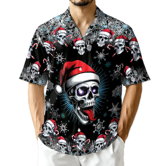 Netecom Skull Christmas Hawaiian Shirt for Men Women, Santa Hat Skeleton Button Down Summer Beach Short Sleeve Shirts, S-5XL