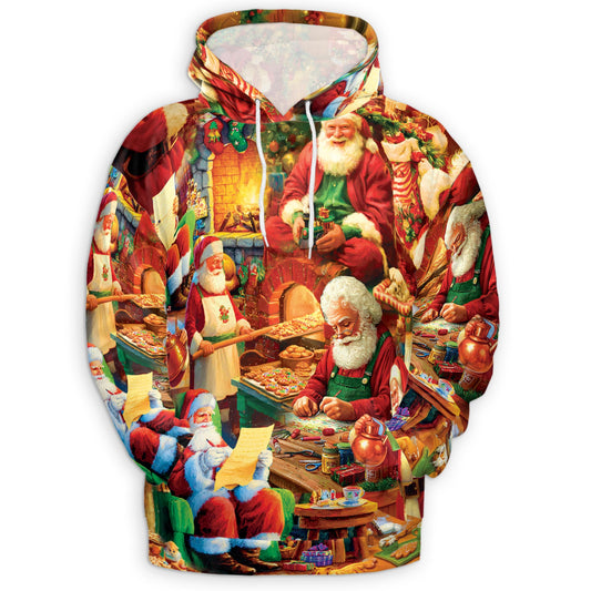 Netecom Santa Claus Workshop Christmas Print Hoodie with Front Pocket, All Over Graphic Sweatshirt Unisex Casual