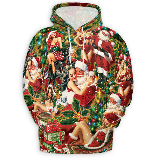 Netecom Christmas Santa Claus Pinup Girl Print Hoodie with Front Pocket, All Over Vintage Graphic Sweatshirt Unisex Casual