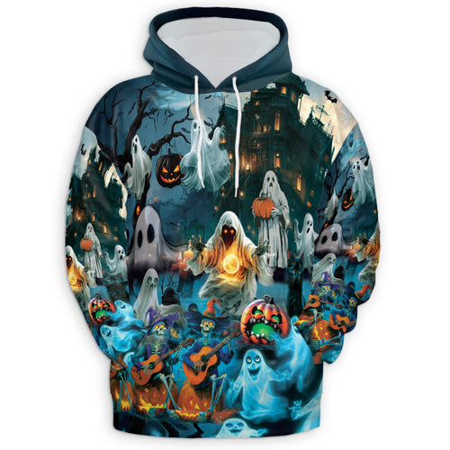 Netecom Halloween Ghost Print Hoodie with Front Pocket, All Over Graphic Ghost Skeleton and Pumpkin Sweatshirt Unisex Casual