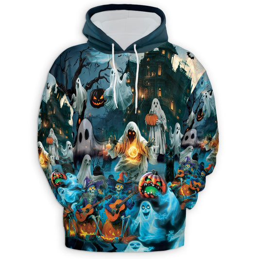 Netecom Halloween Ghost Print Hoodie with Front Pocket, All Over Graphic Ghost Skeleton and Pumpkin Sweatshirt Unisex Casual