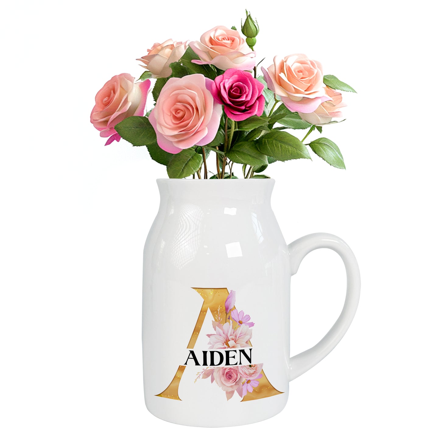 Netecom Custom Name Ceramic Flower Jug, Gold Letter Monogram Vase, Unique Personalized Gift for Birthday, Housewarming, or Holiday Season