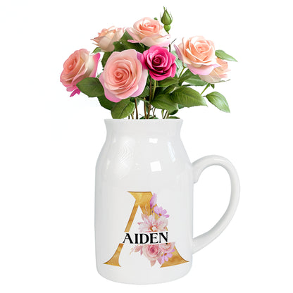 Netecom Custom Name Ceramic Flower Jug, Gold Letter Monogram Vase, Unique Personalized Gift for Birthday, Housewarming, or Holiday Season