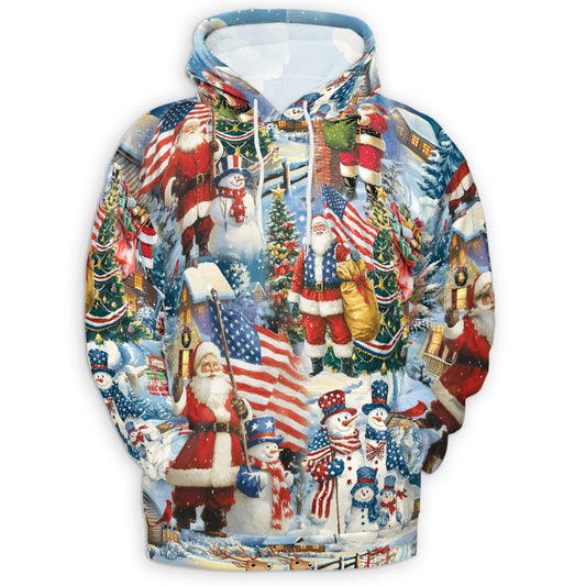 Netecom Santa Claus American Flag Christmas 3D Hoodie with Front Pocket, Unisex Casual All Over Graphic Sweatshirt