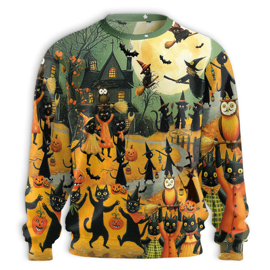 Netecom Halloween Black Cat Witch Sweatshirt 3D All Over Print, Spooky Pumpkin Night, Crewneck Pullover for Costume Party