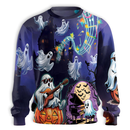 Netecom Halloween Ghost and Pumpkin Sweatshirt 3D All Over Print, Music Night Design, Crewneck Pullover for Costume Party