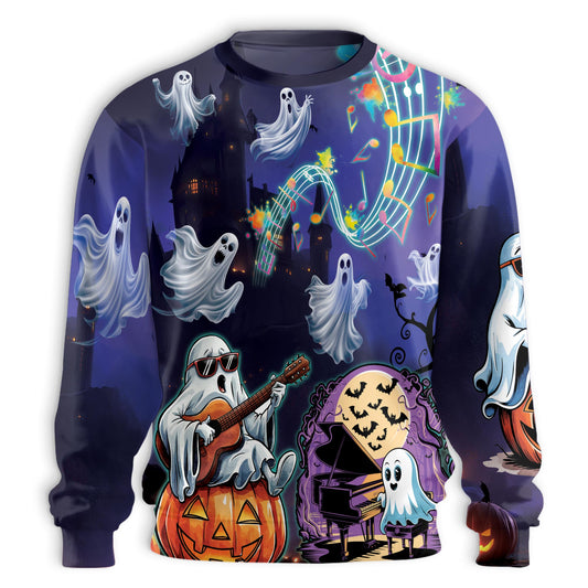 Netecom Halloween Ghost and Pumpkin Sweatshirt 3D All Over Print, Music Night Design, Crewneck Pullover for Costume Party