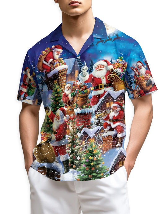Netecom Christmas Rooftop Santa Claus Hawaiian Shirt, Holiday Chimney Night Scene Button Down Summer Beach Shirt, S-5XL
