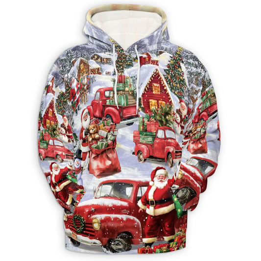 Netecom Christmas Red Truck 3D Hoodie with Front Pocket, Unisex Casual All Over Santa Claus Snow Graphic Sweatshirt
