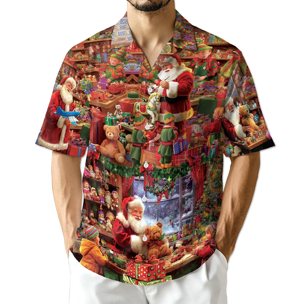 Netecom Santa Claus Workshop Hawaiian Shirt for Men Women, Festive Christmas Holiday Button Down Summer Beach Shirt, S-5XL