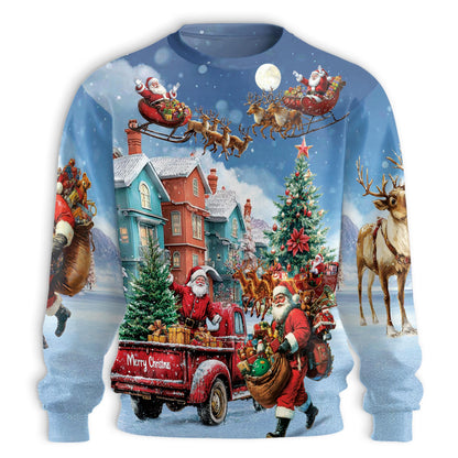 Netecom Christmas Santa Clause Sweatshirt 3D All Over Print, Snowy Holiday Scenes Design, Crewneck Pullover for Costume Party
