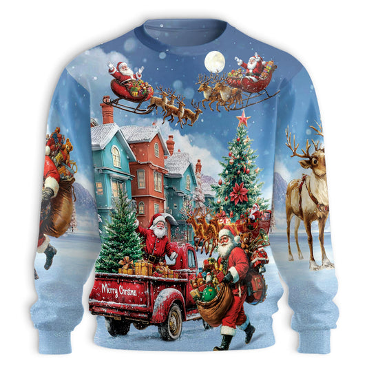 Netecom Christmas Santa Clause Sweatshirt 3D All Over Print, Snowy Holiday Scenes Design, Crewneck Pullover for Costume Party