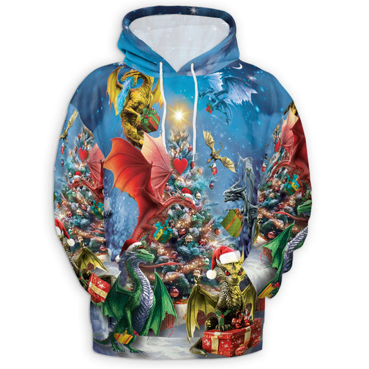 Netecom Christmas Dragons 3D Hoodie with Front Pocket, Unisex Casual All Over Fantasy Dragon Graphic Sweatshirt