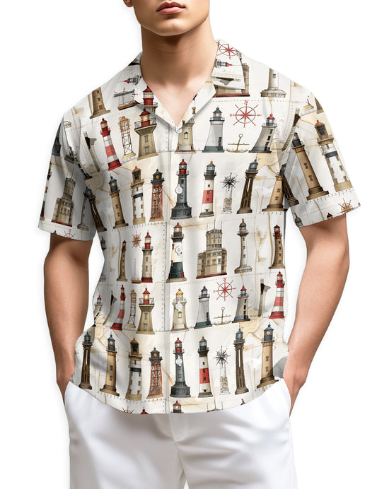 Netecom Lighthouse Pattern Hawaiian Shirt for Men Women, Coastal Beach Aloha Button Down Short Sleeve Summer Shirt