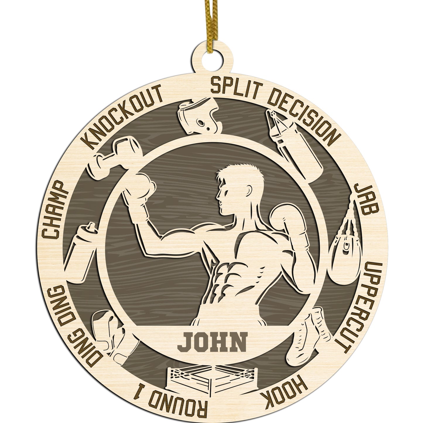 Netecom Personalized Boxing Ornament – Custom Wood Boxing Christmas Decoration with Engraved Name and Sports Design
