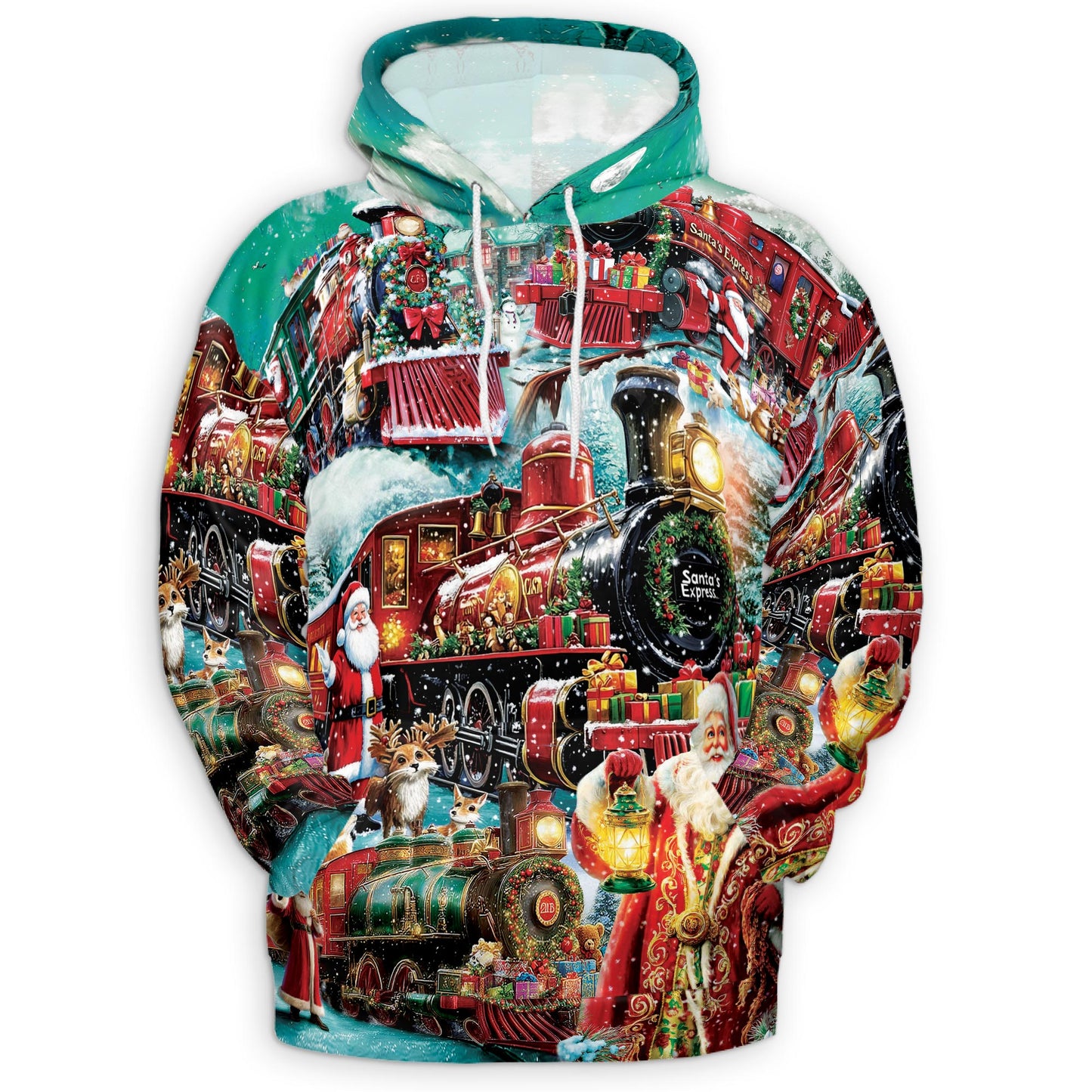 Netecom Santa Claus Christmas Train Print Hoodie with Front Pocket, All Over Vintage Holiday Graphic Sweatshirt Unisex Casual