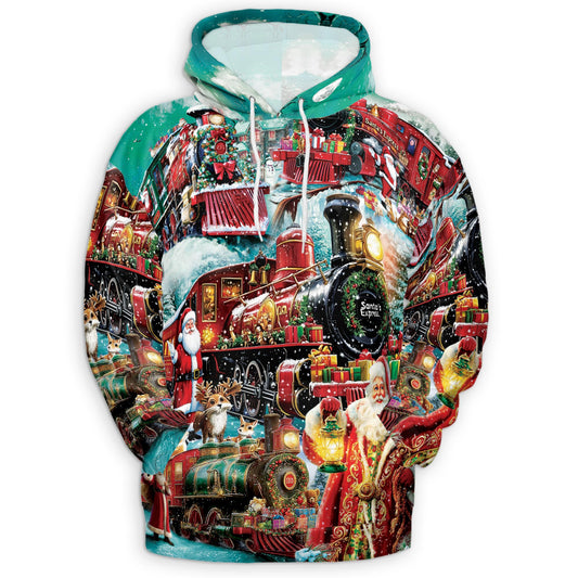 Netecom Santa Claus Christmas Train Print Hoodie with Front Pocket, All Over Vintage Holiday Graphic Sweatshirt Unisex Casual