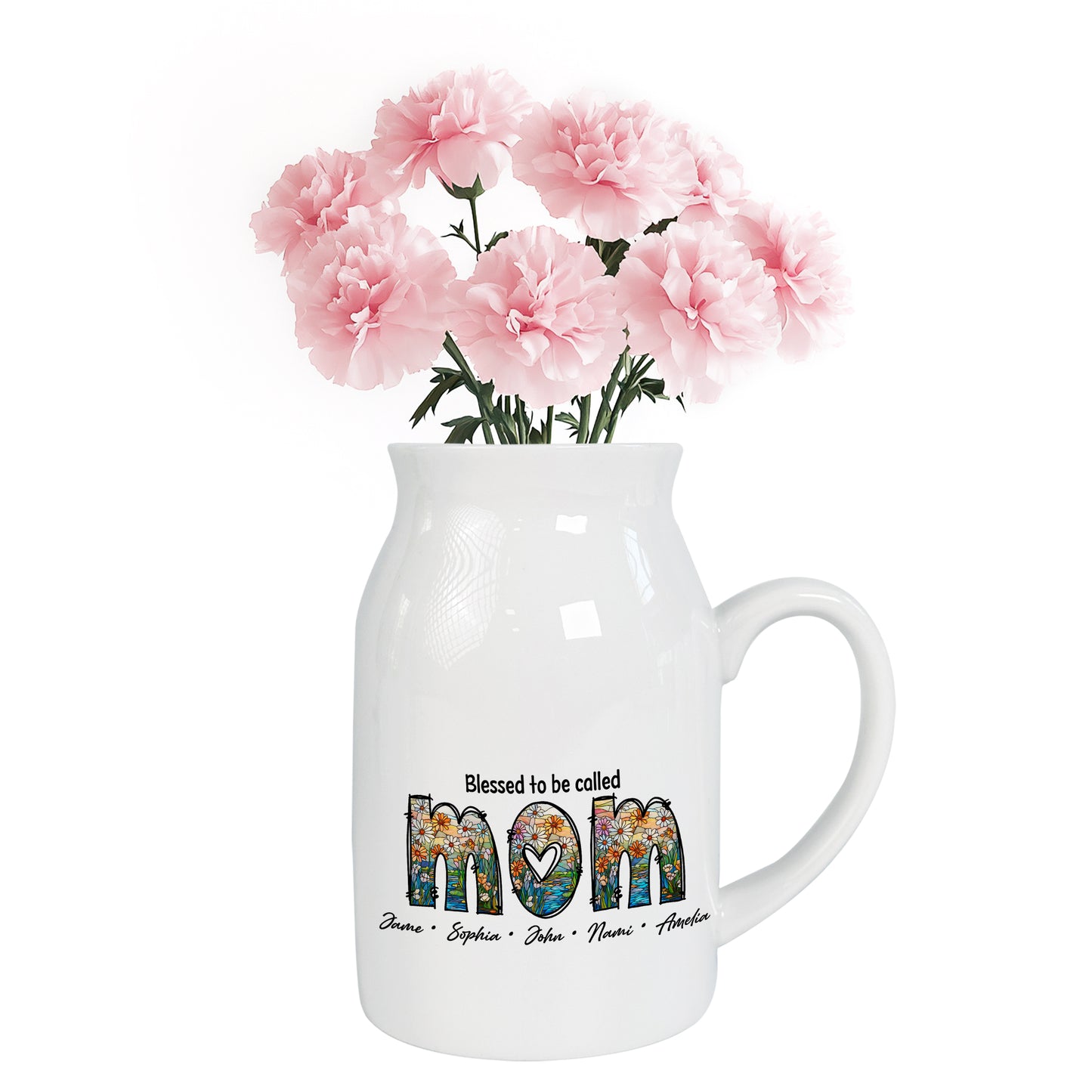 Netecom Custom Floral MOM Ceramic Pitcher, Personalized Name Vase, Perfect Gift for Mother’s Day, Birthday, or Holiday Decor