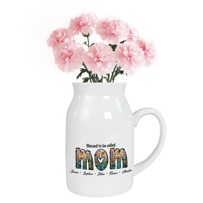 Netecom Custom Floral MOM Ceramic Pitcher, Personalized Name Vase, Perfect Gift for Mother’s Day, Birthday, or Holiday Decor