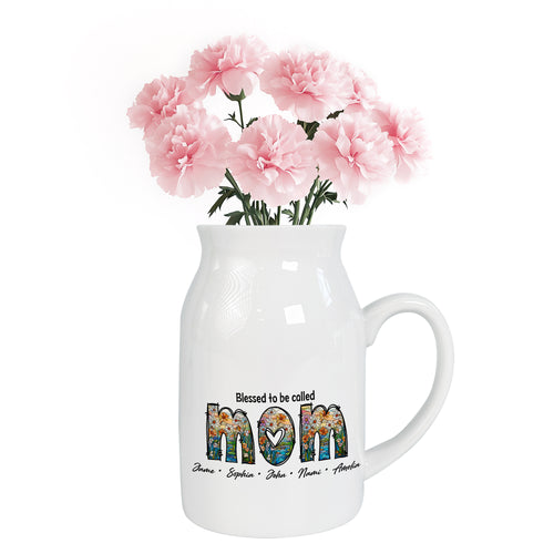 Netecom Custom Floral MOM Ceramic Pitcher, Personalized Name Vase, Perfect Gift for Mother’s Day, Birthday, or Holiday Decor