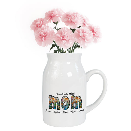 Netecom Custom Floral MOM Ceramic Pitcher, Personalized Name Vase, Perfect Gift for Mother’s Day, Birthday, or Holiday Decor