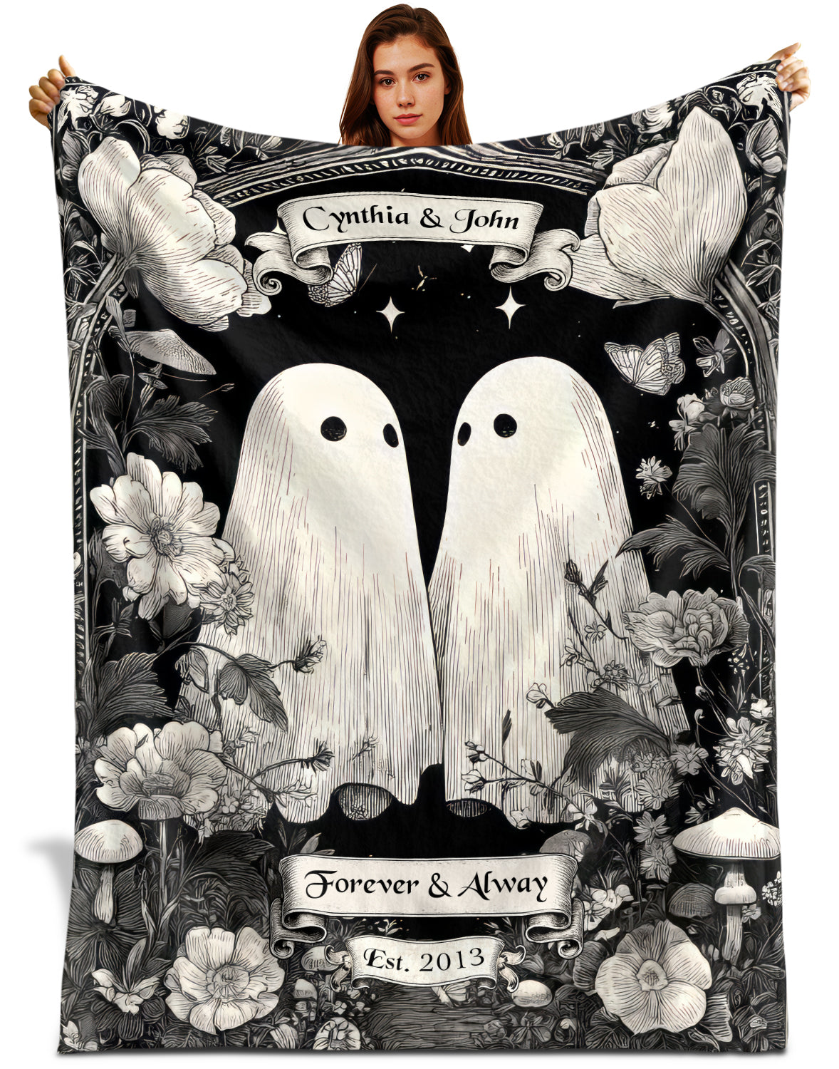 Netecom Personalized Ghost Couple Blanket with Names and Established Date, Woodland Floral Throw Blanket for Couch, Bed or Sofa, Romantic Gift for Couples, Anniversary or Halloween Decor