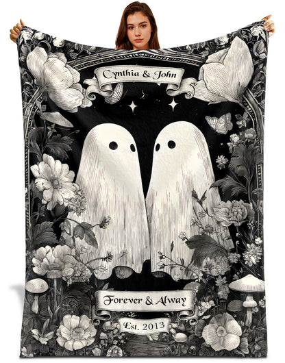 Netecom Personalized Ghost Couple Blanket with Names and Established Date, Woodland Floral Throw Blanket for Couch, Bed or Sofa, Romantic Gift for Couples, Anniversary or Halloween Decor