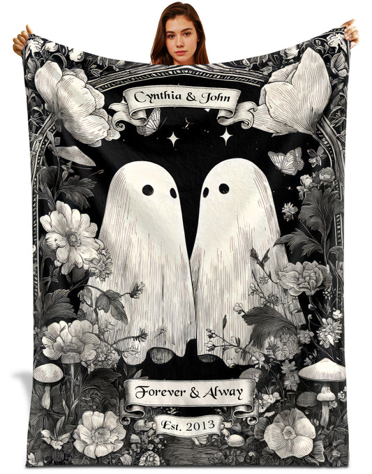 Netecom Personalized Ghost Couple Blanket with Names and Established Date, Woodland Floral Throw Blanket for Couch, Bed or Sofa, Romantic Gift for Couples, Anniversary or Halloween Decor