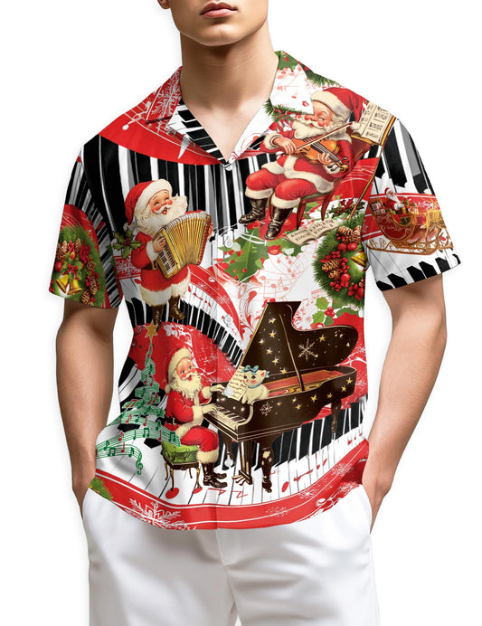 Netecom Santa Claus Playing Musical Instruments Hawaiian Shirt, Christmas Music Theme Button Down Short Sleeve Shirt, S-5XL