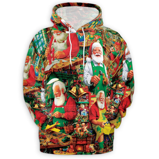 Netecom Vintage Santa Claus Workshop 3D Hoodie with Front Pocket, Unisex Casual All Over Christmas Graphic Sweatshirt