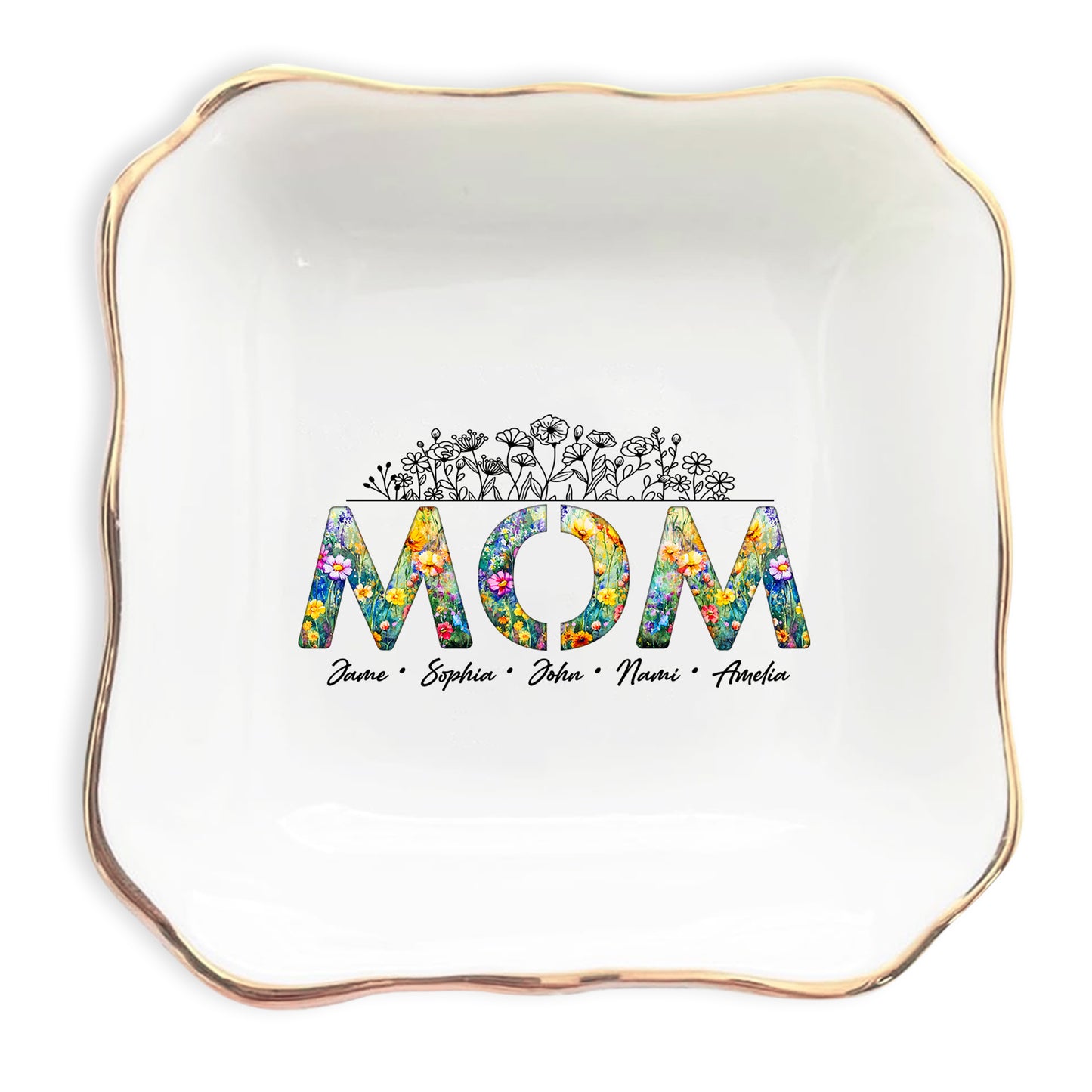 Netecom Personalized Floral "MOM" Ceramic Ring Dish , Custom Names Jewelry Tray , Elegant Mother’s Day Gift for Mom & Grandma