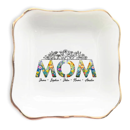 Netecom Personalized Floral "MOM" Ceramic Ring Dish , Custom Names Jewelry Tray , Elegant Mother’s Day Gift for Mom & Grandma