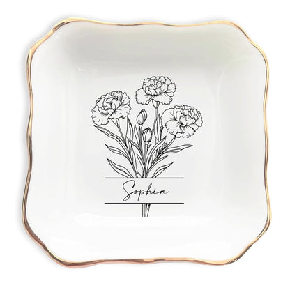 Netecom Personalized Birth Month Flower Ceramic Jewelry Tray , Custom Name Ring Dish Set , Elegant Bridesmaid Gift , Gold Rim Trinket Dish for Her