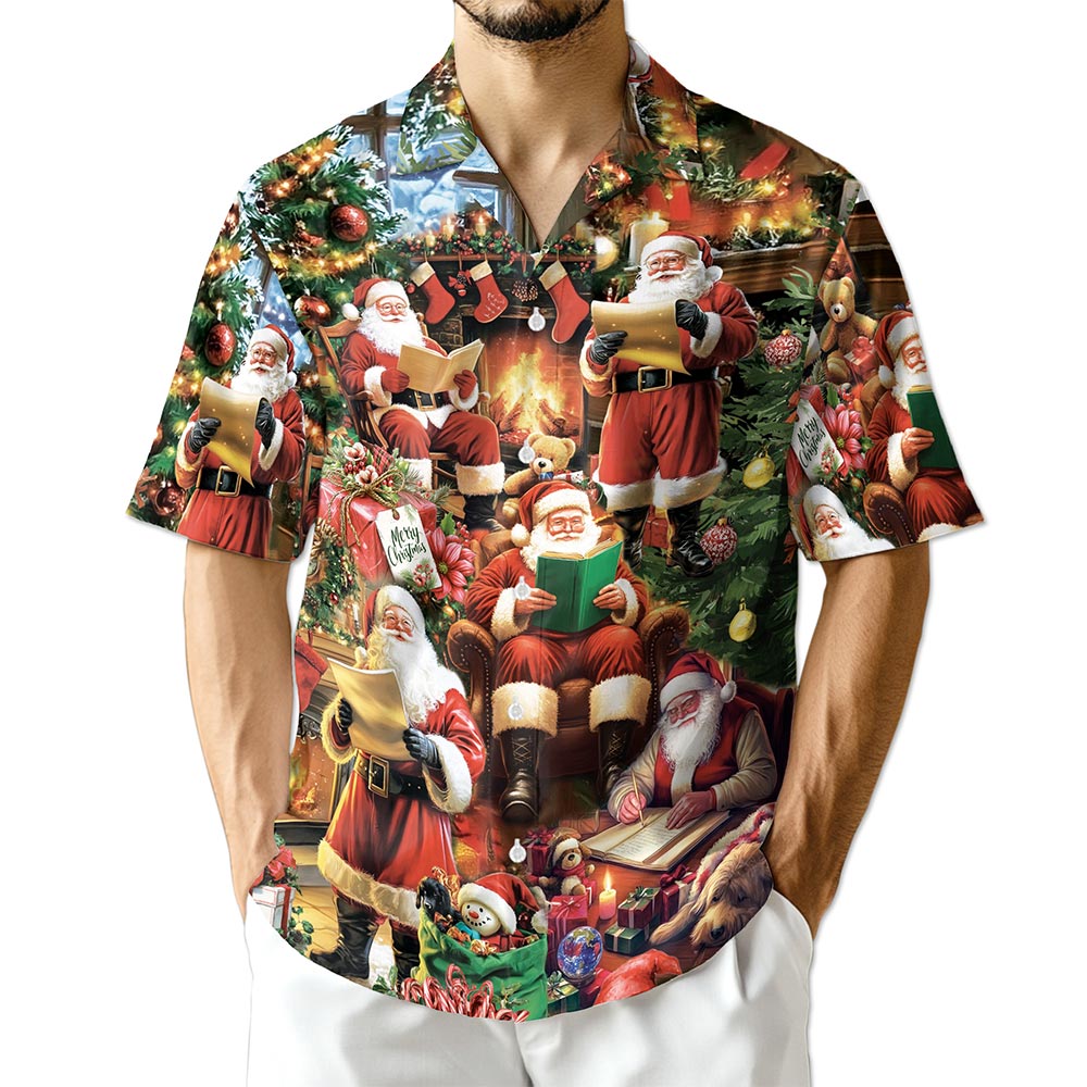 Netecom Santa Claus Reading Book Christmas Hawaiian Shirt for Men, Festive Holiday Button Down Summer Beach Shirt, S-5XL