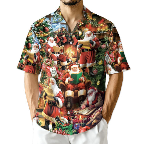 Netecom Santa Claus Reading Book Christmas Hawaiian Shirt for Men, Festive Holiday Button Down Summer Beach Shirt, S-5XL