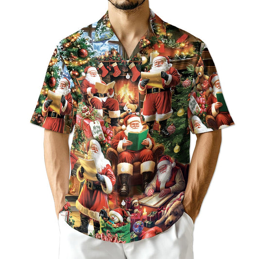 Netecom Santa Claus Reading Book Christmas Hawaiian Shirt for Men, Festive Holiday Button Down Summer Beach Shirt, S-5XL