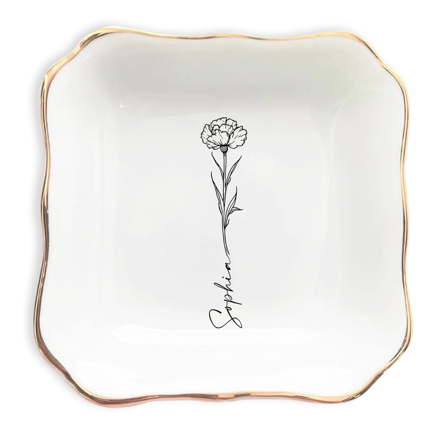 Netecom Personalized Birth Month Flower Trinket Dish , Custom Name Jewelry Holder , Bridesmaid Gift , Ceramic Ring Tray , Unique Christmas Present