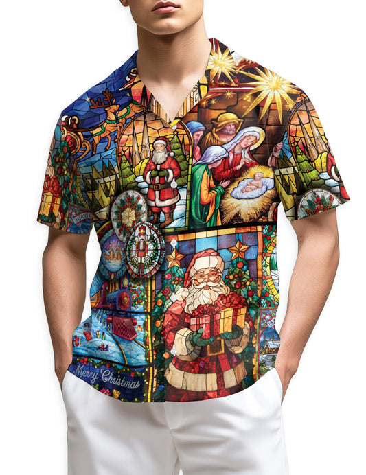 Netecom Christmas Stained Glass Hawaiian Shirt for Men, Nativity Scene Santa Claus Aloha Button Down Summer Beach Shirt, S-5XL