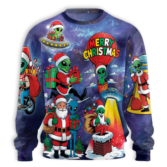 Netecom Extraterrestrial Santa Sweatshirt 3D All Over Print, Space Christmas Design, Crewneck Pullover for Costume Party