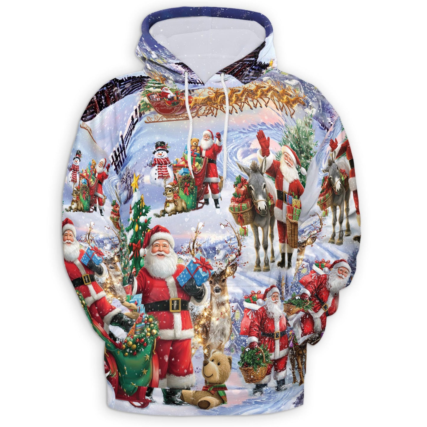 Netecom Santa Claus Snowy Christmas Village Print Hoodie with Front Pocket, All Over Holiday Graphic Sweatshirt Unisex Casual