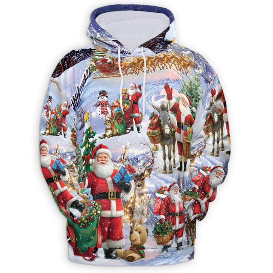 Netecom Santa Claus Snowy Christmas Village Print Hoodie with Front Pocket, All Over Holiday Graphic Sweatshirt Unisex Casual