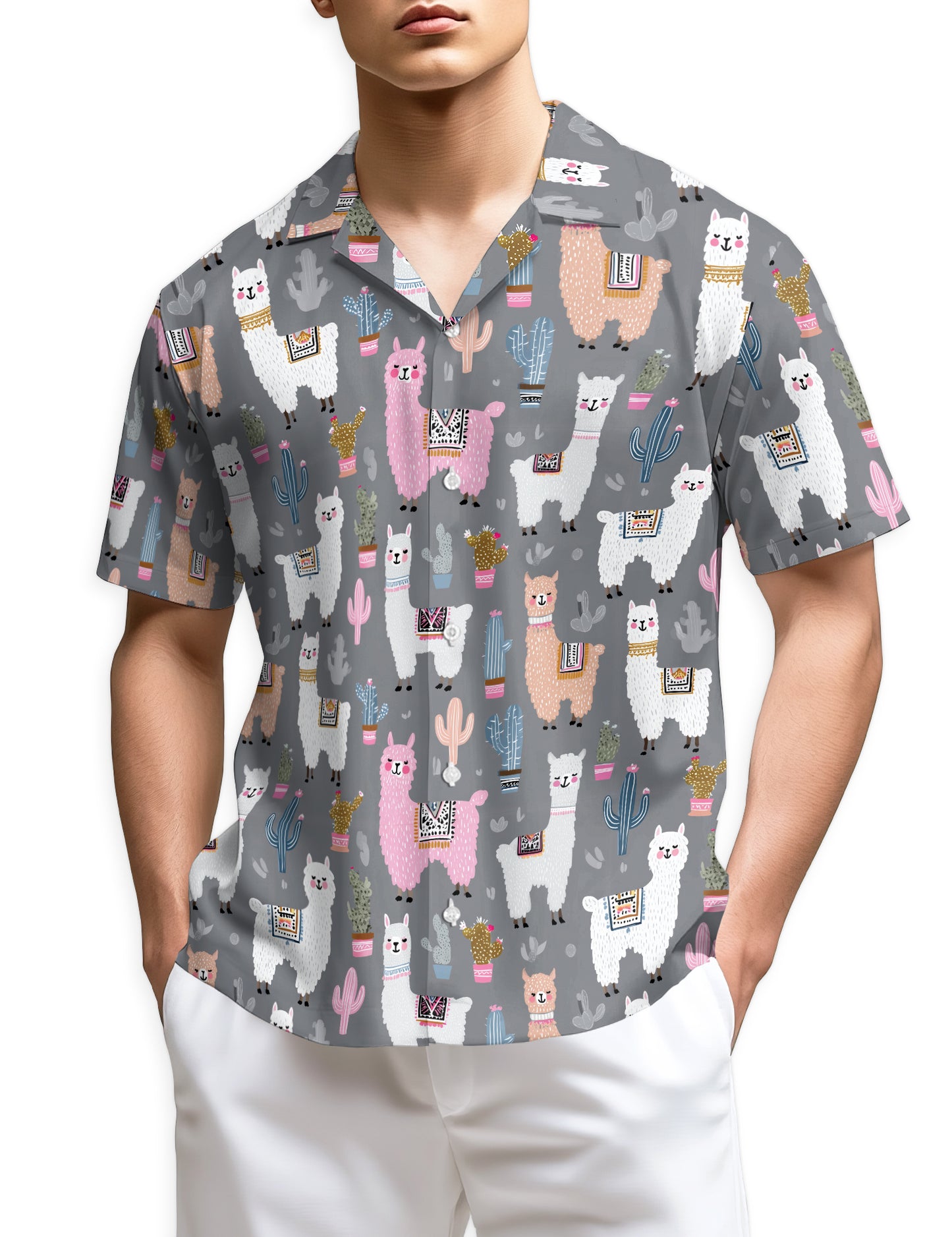 Netecom Cute Llama Hawaiian Shirt, Colorful Alpacas and Cactus Pattern Button Down Short Sleeve Shirt