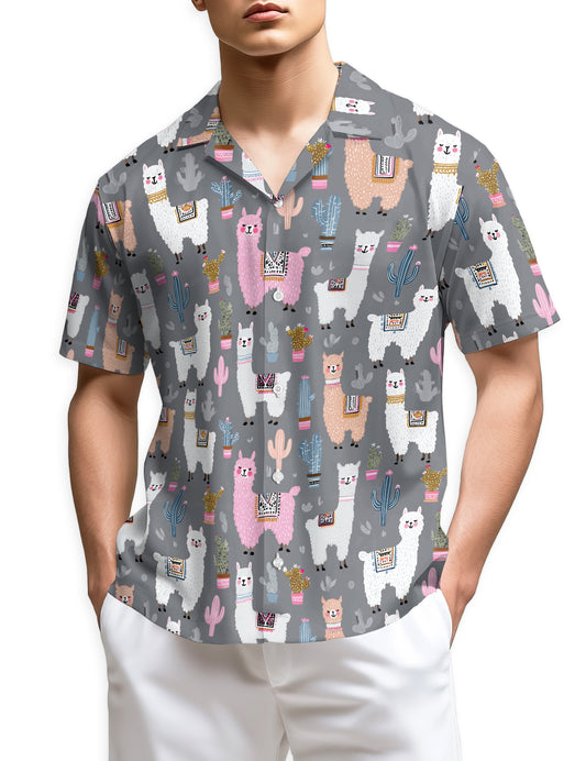 Netecom Cute Llama Hawaiian Shirt, Colorful Alpacas and Cactus Pattern Button Down Short Sleeve Shirt