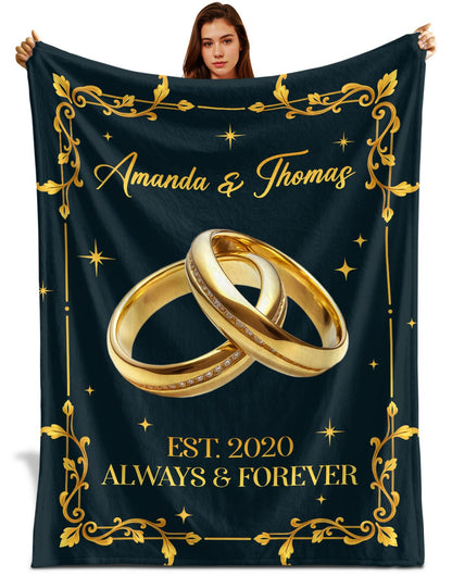 Netecom Personalized Wedding Anniversary Blanket for Couple, Custom Name and Year Throw Blanket with Gold Rings for Couch, Bed or Sofa, Romantic Gift for Husband & Wife, Engagement or Valentine’s Day