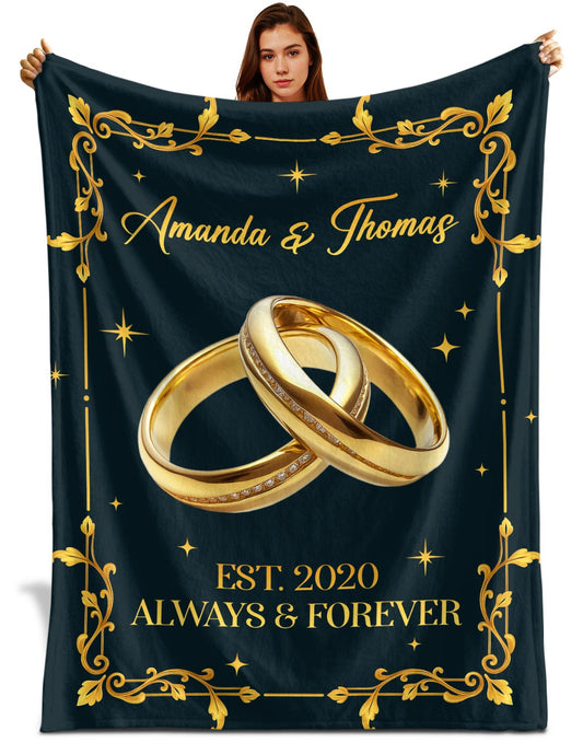 Netecom Personalized Wedding Anniversary Blanket for Couple, Custom Name and Year Throw Blanket with Gold Rings for Couch, Bed or Sofa, Romantic Gift for Husband & Wife, Engagement or Valentine’s Day
