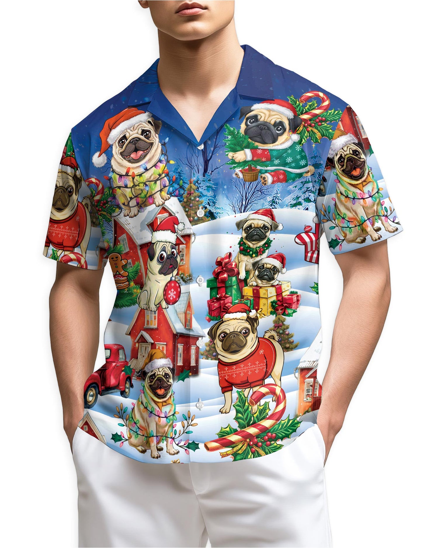 Netecom Funny Pug Christmas Hawaiian Shirt for Men, Cute Dog Holiday Print Button Down Summer Beach Short Sleeve Shirt, S-5XL