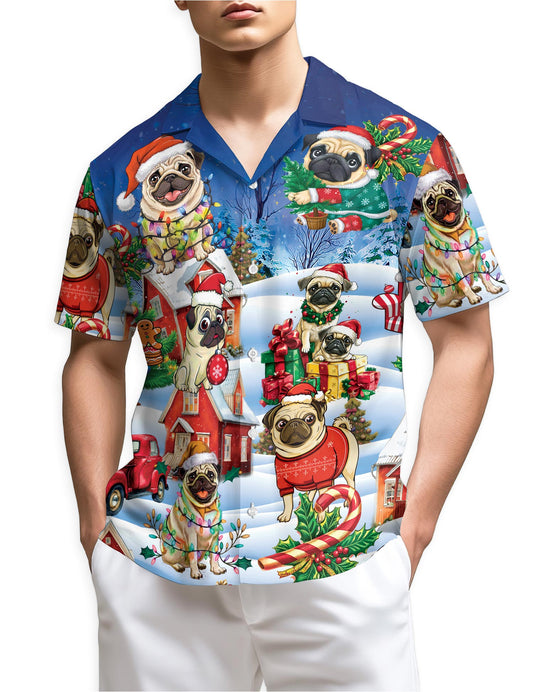 Netecom Funny Pug Christmas Hawaiian Shirt for Men, Cute Dog Holiday Print Button Down Summer Beach Short Sleeve Shirt, S-5XL