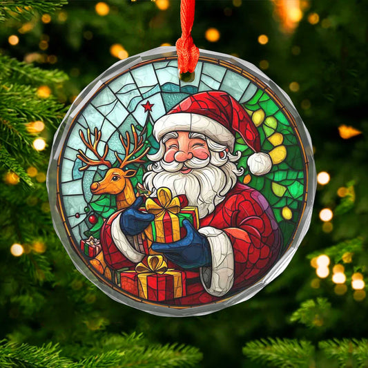 Netecom Santa Claus & Reindeer Glass Ornament – Christmas Tree Decoration, Holiday Gift Keepsake, 3 in