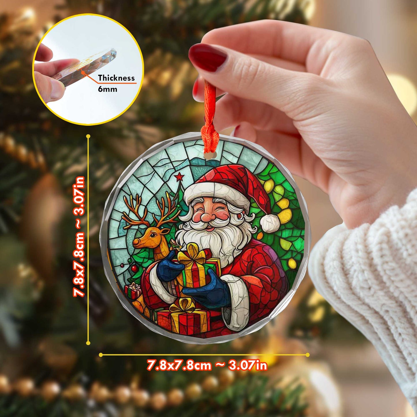 Netecom Santa Claus & Reindeer Glass Ornament – Christmas Tree Decoration, Holiday Gift Keepsake, 3 in